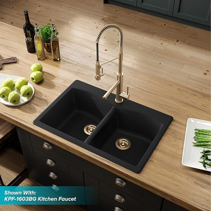 KRAUS Forteza 33-inch Drop in/Undermount 50/50 Double Bowl Granite Kitchen Sink in Black, KGD-52BLACK