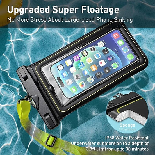Marine IP68 Waterproof Phone Pouch, Floating Waterproof Phone Case with iPhone 16/15 Pro Max/ 14 Pro Max/ 13 Pro Max/ 12/ S24 Up to 7 inch, 2 Pack Black/Hi-Vis Yellow