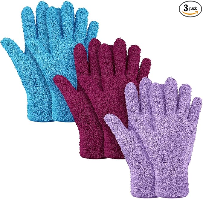Patelai 3 Pairs Microfiber Plant Dusting Gloves Leaf Cleaning Gloves for Indoor Plants, Blinds, Furniture, House(Small,Reddish Violet, Blue, Purple)