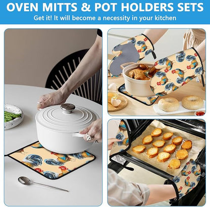 Watercolor Rooster Oven Mitts and Pot Holders Sets Heat Resistant 4Pcs - Image 6