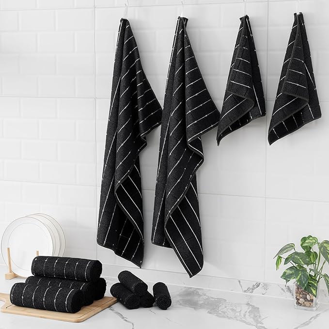 Homaxy Microfiber Kitchen Towels and Dishcloths Set, 12 Pack Soft and Absorbent Dish Hand Towels Bulk, 28 x 16 Inch & 12 x 12 Inch Quick Drying Rags for Washing Dishes, Black
