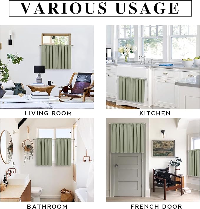 RYB HOME Short Curtains 45 inch 2 Panels Set, Room Darkening Small Window Drapes Thermal Insulated Cafe Curtains for Kitchen Dorm Transit Van, W 34 x L 45 inch, Sage Green