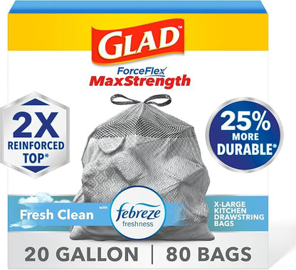 Glad ForceFlex MaxStrength Kitchen Trash Bags, 20 Gal, Fresh Clean Febreze by GladTrashFoodStorage