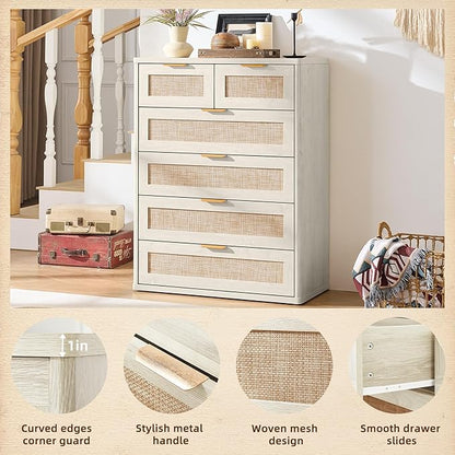 LEYAOYAO White Dresser for Bedroom, Modern 6 Drawers Boho Rattan Dressers - Image 7