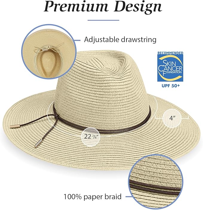 Wallaroo Hat Company Women’s Monetecito Fedora – UPF 50+ UV Protection, Wide Brim, Medium Size, Packable, Adjustable Sun Hat
