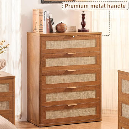 LEYAOYAO Rattan Dresser for Bedroom Set 2, Modern 5 Drawers Boho Dressers - Image 7