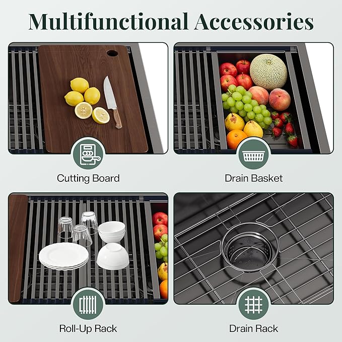 32.5-Inch Undermount Kitchen Sink Workstation, 16 Gauge Stainless Steel Single Bowl Kitchen Sink with Cutting Board, Drying Rack, Roll-Up Rack and Drain Assembly