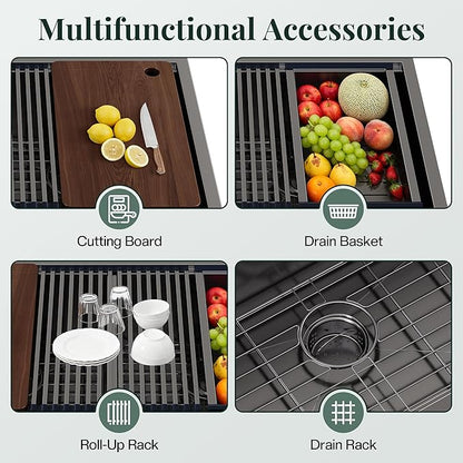 36-Inch Undermount Kitchen Sink Workstation, 16 Gauge Stainless Steel Double Bowl Kitchen Sink with Cutting Board, Drying Rack, Roll-Up Rack and Drain Assembly