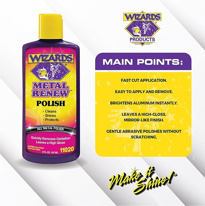 Wizards Metal Polish Cream Metal Renew - Cleans, Shines and Protects All Metals - Cream Fast-Cut Polish and Stainless Steel Cleaner - High Gloss Metal Polish - 8 oz