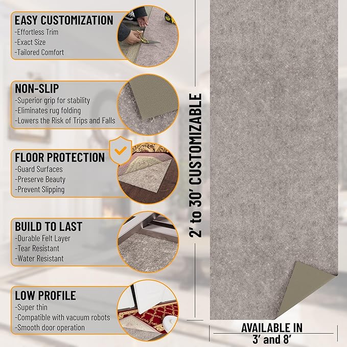 Ottomanson 8' x 12' Non-Slip Rug Pad Gripper 1/4 Inch Thick Dual Surface Felt + Rubber Gripper - Safe for All Floors, Brown