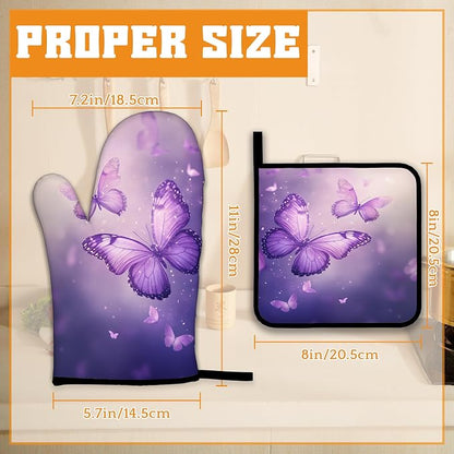 Purple Butterfly Oven Mitts and Pot Holders Set, Sparkling Kitchen Oven Gloves - Image 2