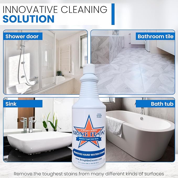 Bring It On Cleaner Hard Water Stain Remover for Glass, Soap Scum remover for Shower glass, Fiberglass, Windows, Tile & Grout, Water Spot Remover for Glass Door Bathroom, Lime Scale & Sink 32Oz 2Pack