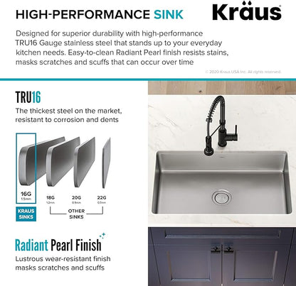 KRAUS Dex 32-inch Undermount 16 Gauge Stainless Steel Single Bowl Kitchen Sink, KA1US32B