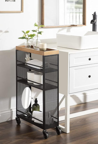 Kate and Laurel Piazza Decorative Slim Storage Cart, Natural Wood and Black - Image 6