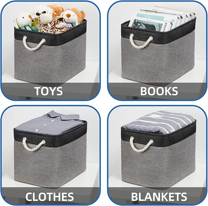 Temary Large Storage Baskets 2 Pack Cloth Basket for Shelves Collapsible Decorative Storage Organizer Baskets Canvas Storage Bins with Handles for Home(Grey&Black,16Lx12Wx12H Inches)