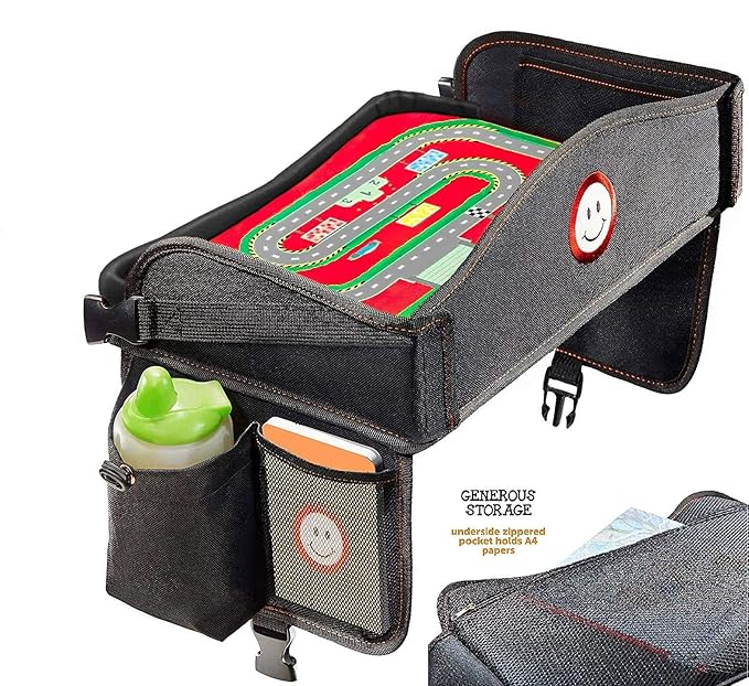 Coolmum Kids Travel Tray, Toddler Car Seat Tray, Double Sided Activity Organizer, Snack Lap Tray, Baby Stroller Table, Airplane Play Table, Waterproof and Foldable (Premium Black)
