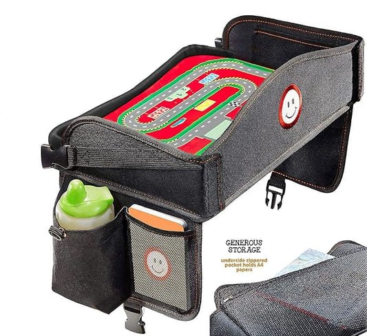 Coolmum Kids Travel Tray, Toddler Car Seat Tray, Double Sided Activity Organizer, Snack Lap Tray, Baby Stroller Table, Airplane Play Table, Waterproof and Foldable (Premium Black)