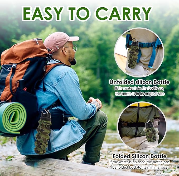 Collapsible Travel Water Bottle18oz, Reuseable Silicone Foldable Water Bottles for Gym Camping Hiking, Portable Leak Proof Sports Water Bottle with rugby Carabiner (Green)