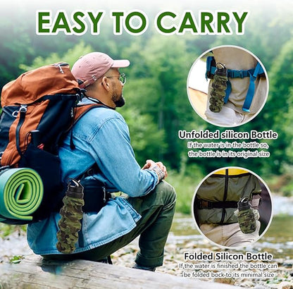 Collapsible Travel Water Bottle18oz, Reuseable Silicone Foldable Water Bottles for Gym Camping Hiking, Portable Leak Proof Sports Water Bottle with rugby Carabiner (Dark gray)