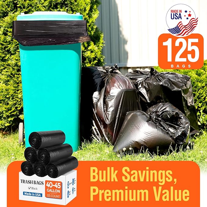 Delxo 40-45 Gallon Black Trash Bags, 125 Count – Heavy Duty Contractor Garbage Bags, Thick, Durable & Puncture-Resistant Plastic – Made in USA for Kitchen, Yard & Commercial Use