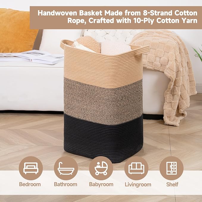 CLHMILY&Z 95L Laundry Basket Rectangular Black Jute Rope - Image 3
