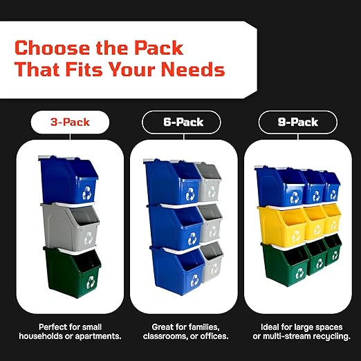 6 Gallon Stackable Recycling Bins for Homes, Garages, Offices Made of 100% Recycled Plastic - (Red, 3 Pack)