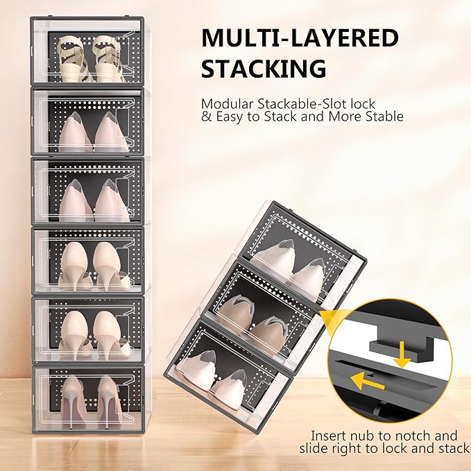 12 Pack X Large Shoe Storage Organizer for Closet, Modular Space Saving Shoe Boxes Clear Plastic Stackable Containers Display Case Bins with Lids, Black