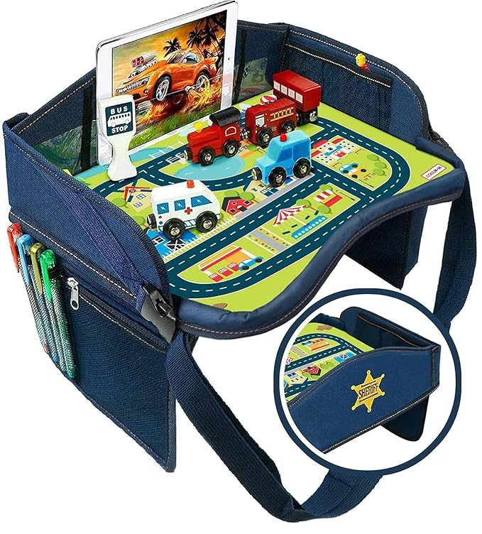 Coolmum Kids Travel Tray, Toddler Car Seat Tray, Double Sided Activity Organizer, Snack Lap Table, Baby Stroller Tray, Airplane Play Table, Waterproof and Foldable (Premium Blue)