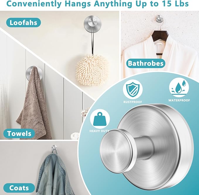 Suction Cup Hooks for Shower, Removable No Drill Towel Hooks, Upgraded 15 lbs - Image 2