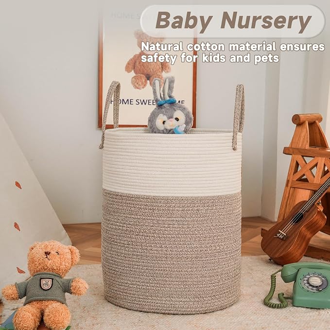 Large Woven Laundry Basket Hamper, 80L Cotton Rope Storage Bin - Image 2