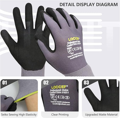 LOCCEF Work Gloves MicroFoam Nitrile Coated-6 Pairs, Seamless Knit Nylon Gloves - Image 2