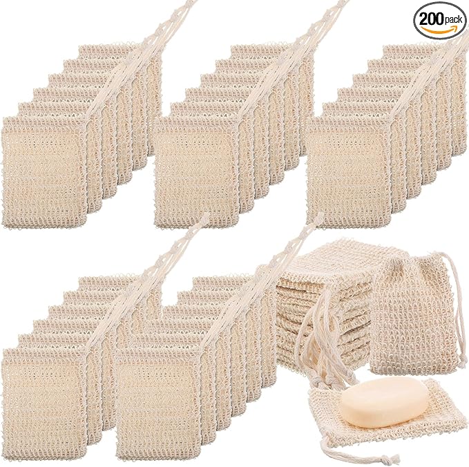Rtteri 200 Pcs Soap Exfoliating Bag, Natural Sisal Soap Pouch Saver Body Shower Bar Mesh Body Net with Drawstring for Foaming and Drying