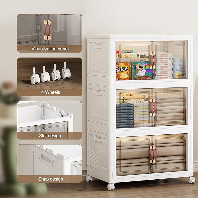 SAILUN 471QT Extra Large Collapsible Storage Bins with Wheels and Lid, Stackable Storage Bins Open Closet Organizers and Storage Storage Containers Drawers,30" L × 19.7" W × 50.4" H（3 Pack）