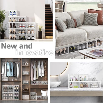 12 Pack Large Modular Clear Plastic Stackable Shoe Storage Organizer - Image 7