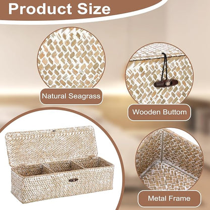Hipiwe Storage Basket with Lid 3 Sections Handwoven Seagrass Basket Rectangular - Image 6