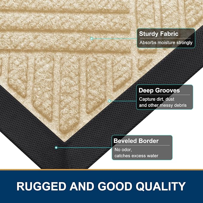 Smiry Front Door Mat Outside Entrance, Heavy Duty Outdoor Indoor Natural Rubber Doormat, Non Slip, Trap Dirt and Moisture, Easy Clean, Low Profile Patio Porch Entryway Mat, 59x23, Beige