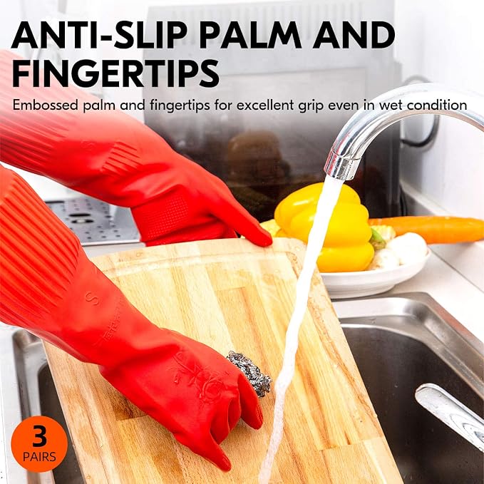 Vgo... 3-Pairs Dishwashing Gloves, Reusable Household Gloves, Long Sleeve - Image 4