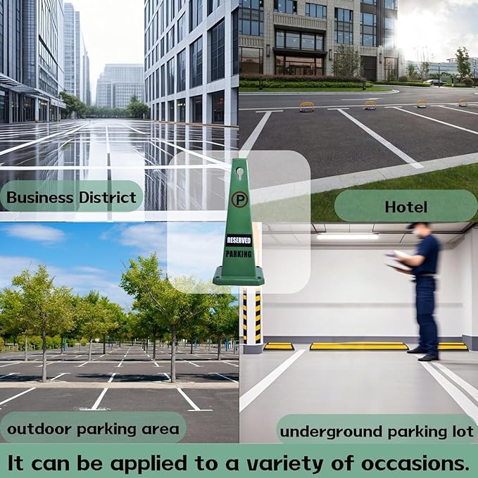 8-Pack 26.5" Caution Cones, 4-Sided Visible Safety Signs with Heavy Rubber Base, Warning for Slip & Fall Prevention, Indoor/Outdoor Use (Green, 8Pcs-Reserved Parking)