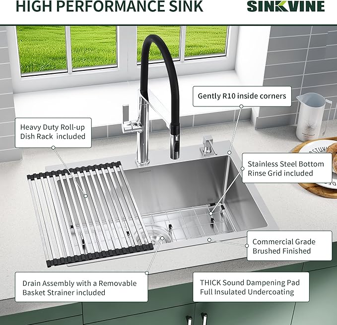 18-Inch Bar Sink Drop-In, SINKVINE Stainless Steel Kitchen Sink for Laundry Outdoor, RV, Top Mounted with Deep Single Bowl, 3.5" Drain Strainer, Bottom Rise Grid, Roll-up Drying Unit, 18 x 18 inch