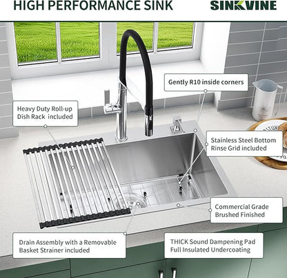 18-Inch Bar Sink Drop-In, SINKVINE Stainless Steel Kitchen Sink for Laundry Outdoor, RV, Top Mounted with Deep Single Bowl, 3.5" Drain Strainer, Bottom Rise Grid, Roll-up Drying Unit, 18 x 18 inch