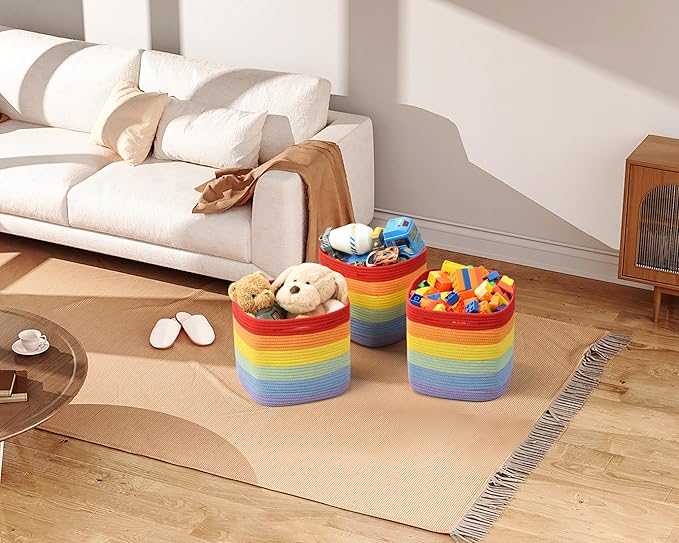 3 Pack Storage Cubes 11 Inch Cotton Rope Woven Baskets for Organizing Cube Bin Square Shelves Organizer,Classroom,Kids Toy Bins,Closet,Baby Nursery(Rainbow)