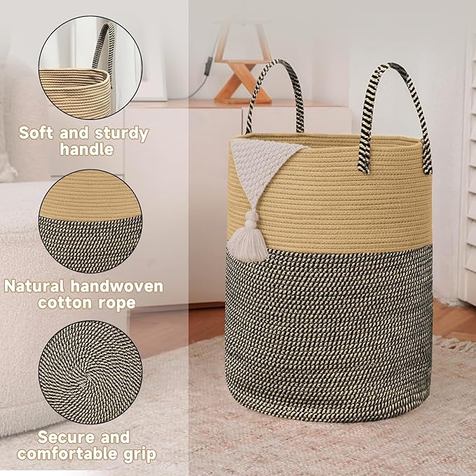 Large Woven Laundry Basket Hamper, 100L Cotton Rope Storage Bin - Image 6