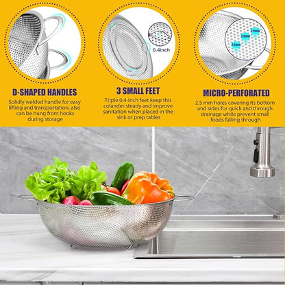 E-far 3QT & 5QT Colander Set of 2, Stainless Steel Micro-Perforated Colander - Image 5