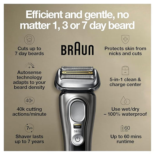 Braun Electric Razor for Men, Series 9 Pro 9465cc Wet & Dry Electric Foil Shaver with ProLift Beard Trimmer, Cleaning & Charging SmartCare Center, Head Shavers for Bald Men, Noble Metal