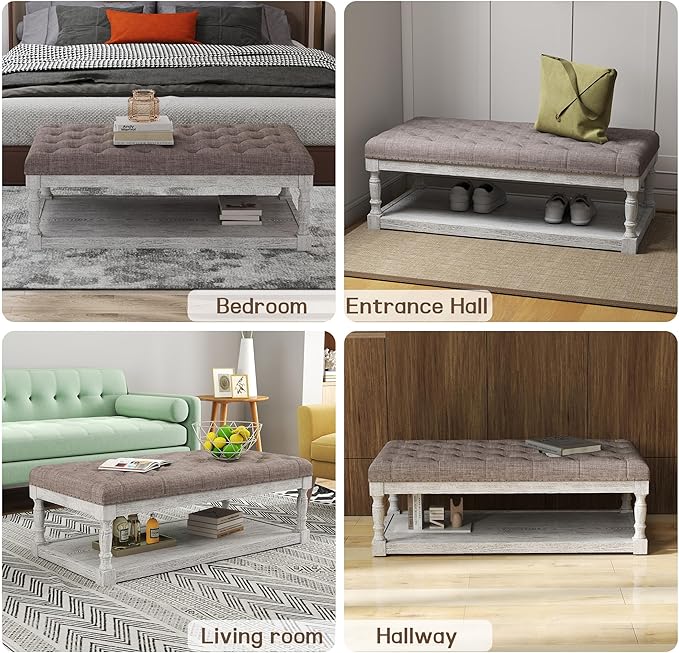 48" Large Ottoman with Storage Coffee Table, Upholstered Tufted Linen Ottoman Bench with Solid Wood Shelf for Living Room, Bedroom, Holds 250lbs (Light Gray)