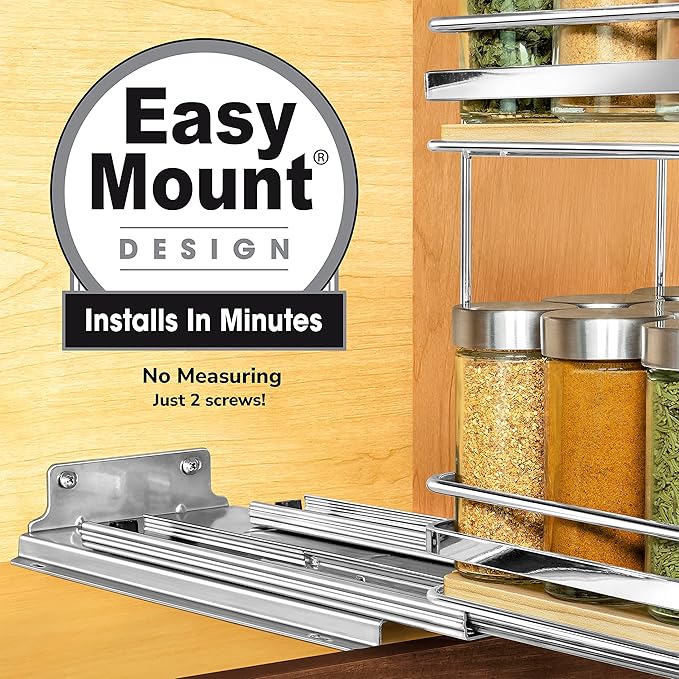 LYNK PROFESSIONAL® Élite™ Pull Out Spice Rack Organizer for Inside Kitchen Cabinets - 6-1/4 inch Wide - Slide Out Drawer – Wood/Chrome Sliding Spice Cabinet Organization Shelf Racks - 2 Tier