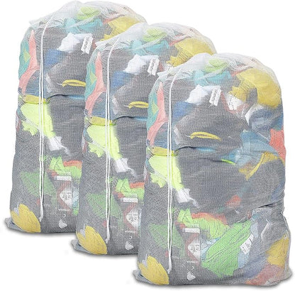 Laundry Bags, Mesh Heavy Duty 24" x 36" with Drawstring Closure, 3-Pack, White