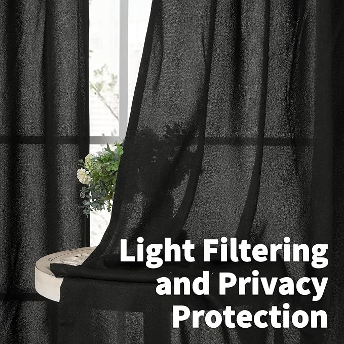 YoungsTex Black Linen Curtains 63 inch Length 2 Panels - Image 2