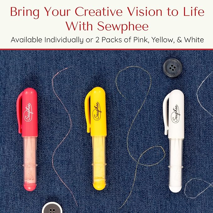Fabric Markers for Sewing – Ergonomic Tailors Chalk Pen with Improved Dosing Wheel for Sharp Lines - Washable Sewing Chalk Marking Pens that are Compatible with Most Fabrics - White and Yellow 2 Pack