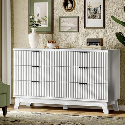 Fluted Dresser with 6 Drawers, Wooden Dresser TV Stand, Wood Closet Clothes - Image 3